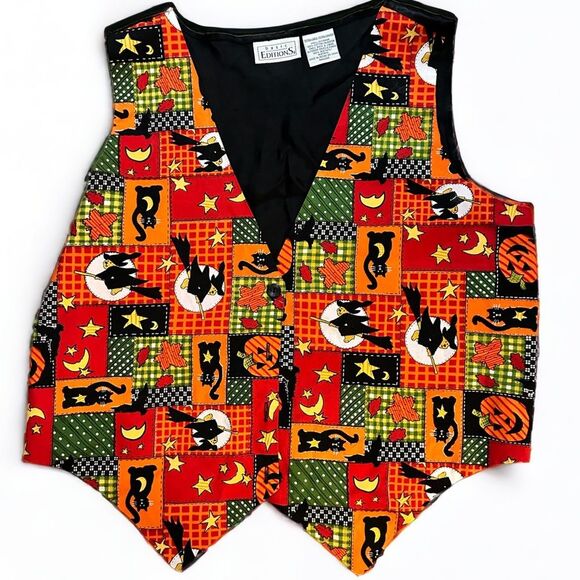 Vintage 90s Basic Editions Halloween Witch Black Cats Bats Jack O Lantern Vest - Picture 1 of 6